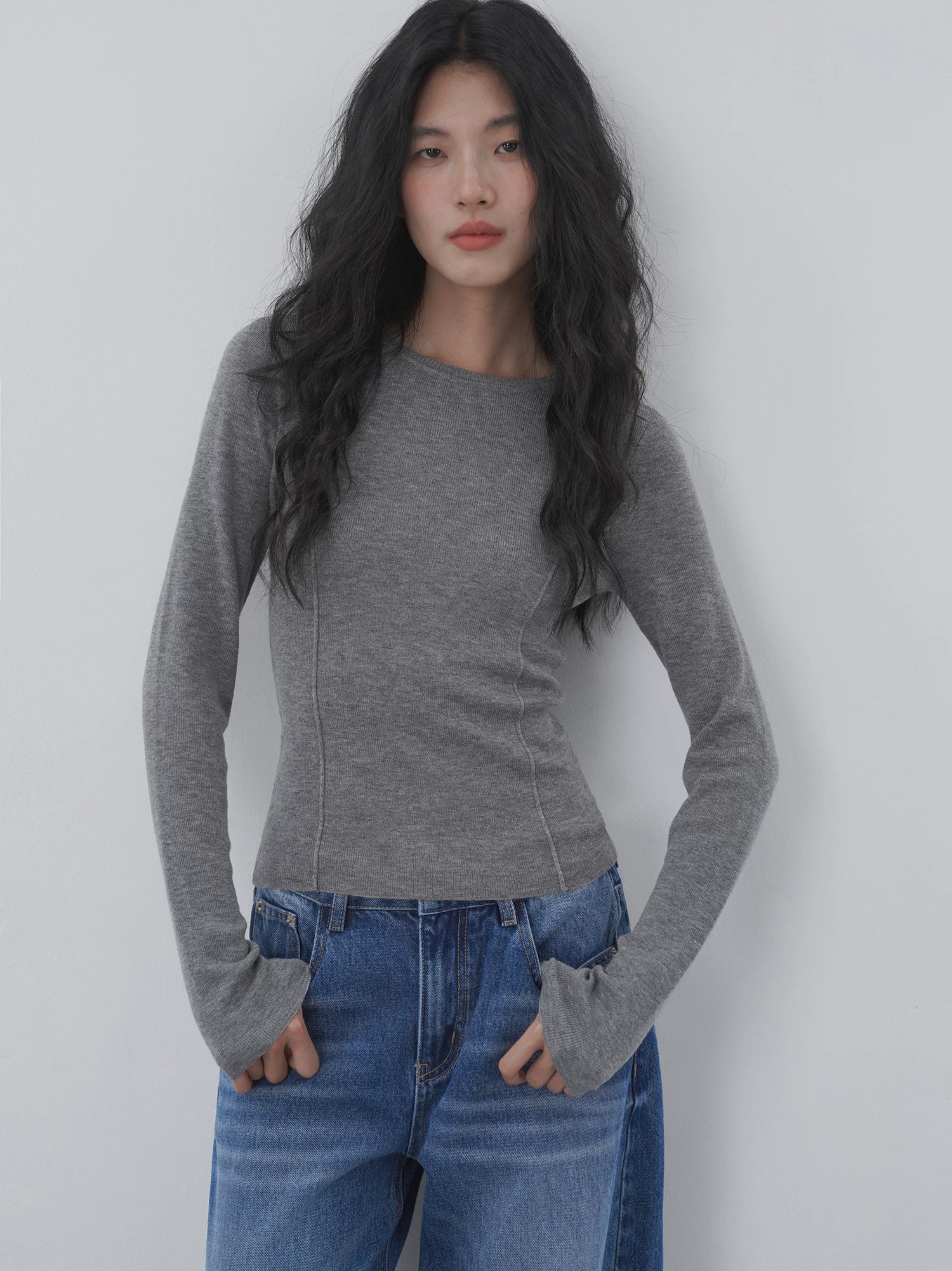 EIGHTHMONTH Blue Slim Fit Knit Sweater Women Long Sleeve Round Neck Slimming Base Layer Top