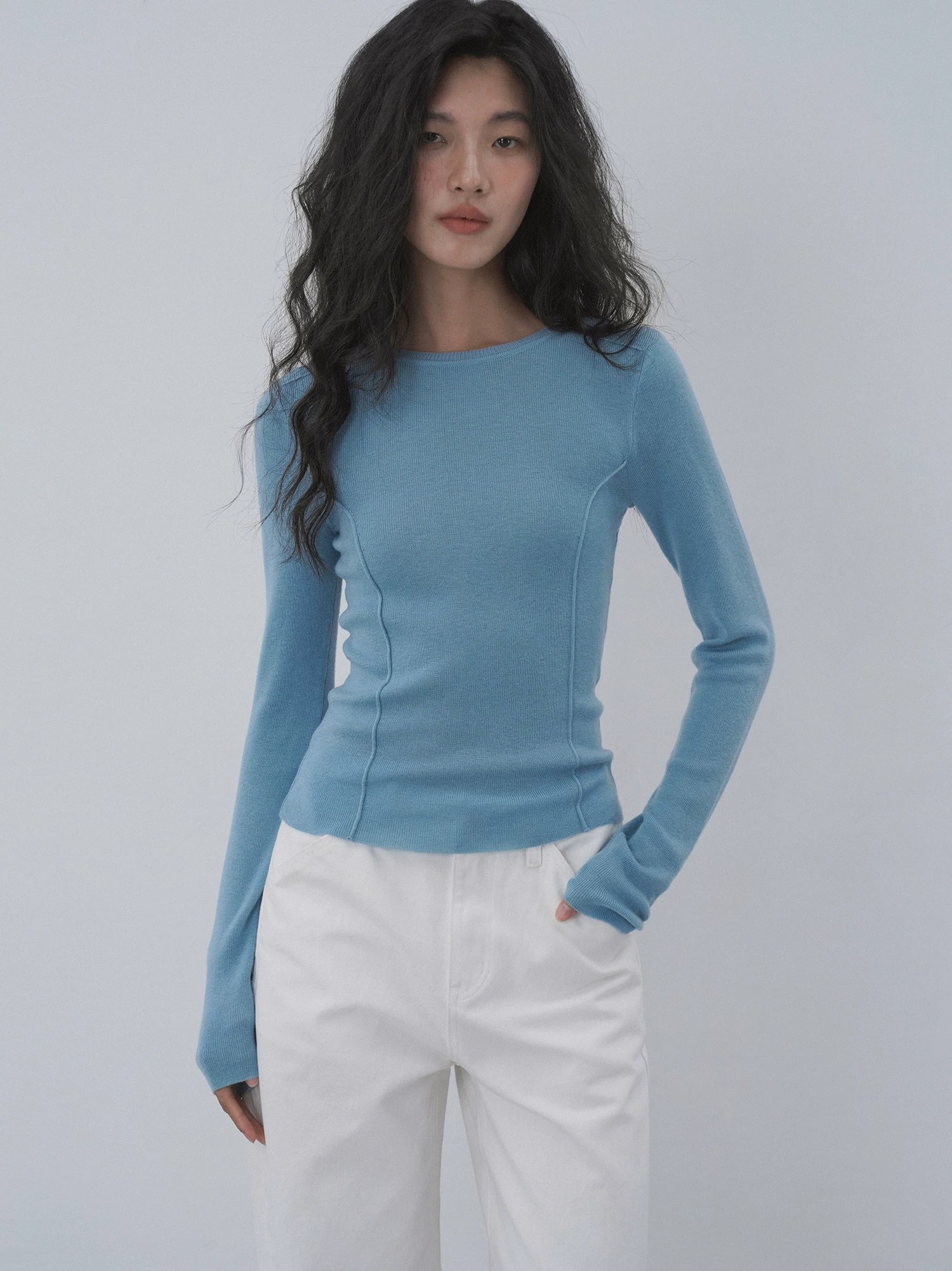 EIGHTHMONTH Blue Slim Fit Knit Sweater Women Long Sleeve Round Neck Slimming Base Layer Top - Image 3