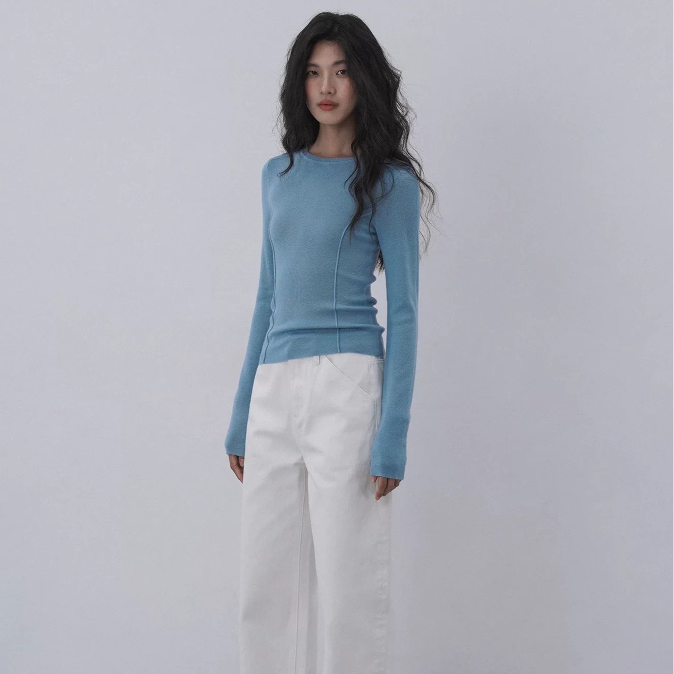 EIGHTHMONTH Blue Slim Fit Knit Sweater Women Long Sleeve Round Neck Slimming Base Layer Top - Image 5
