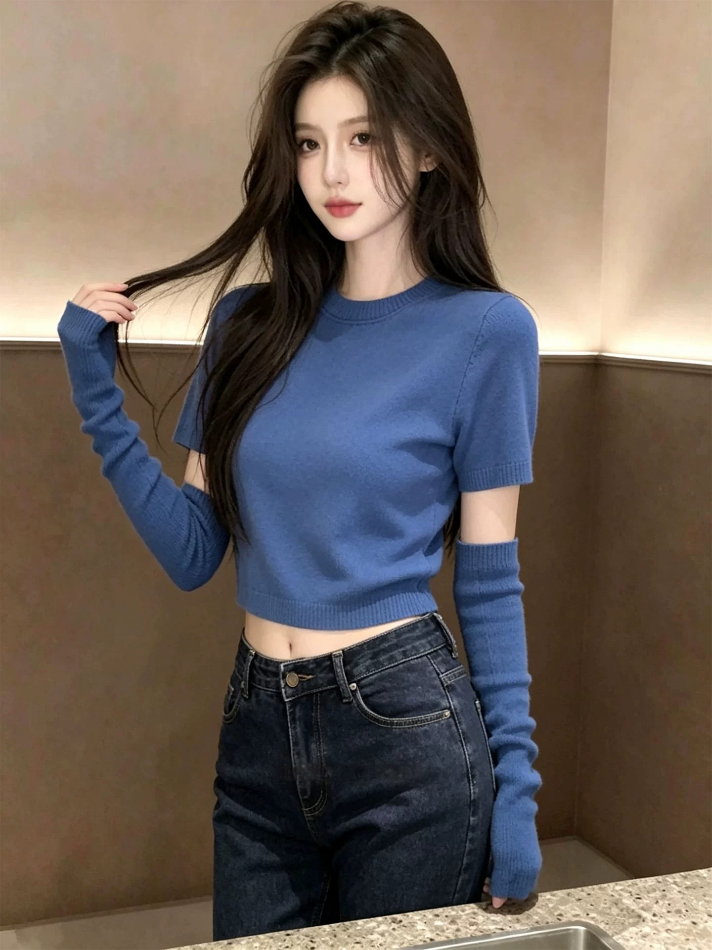 Korean Style Blue Sleeve Knit Top for Women Fall 2026 Unique Inner Layer - Image 2