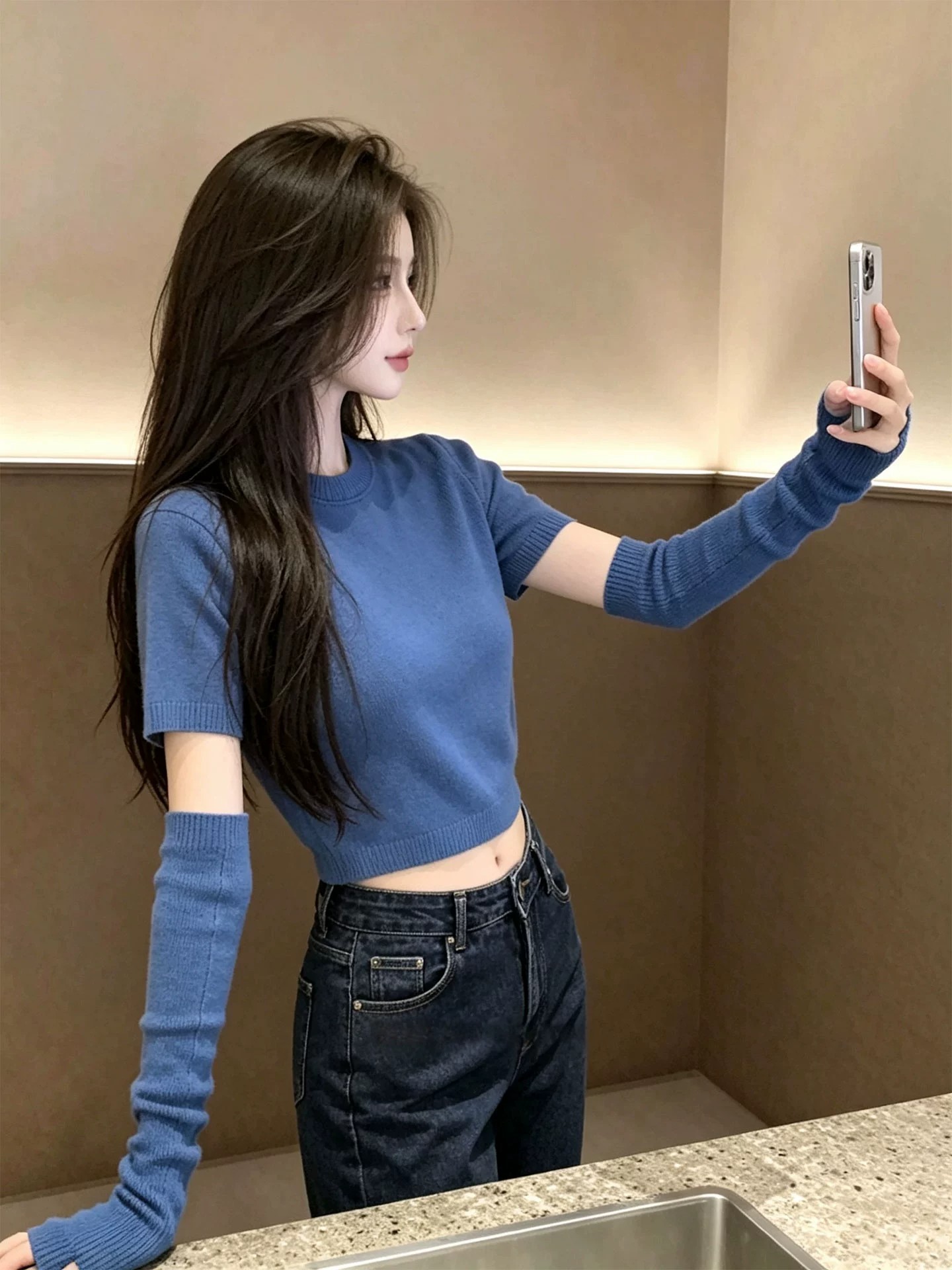 Korean Style Blue Sleeve Knit Top for Women Fall 2026 Unique Inner Layer - Image 3