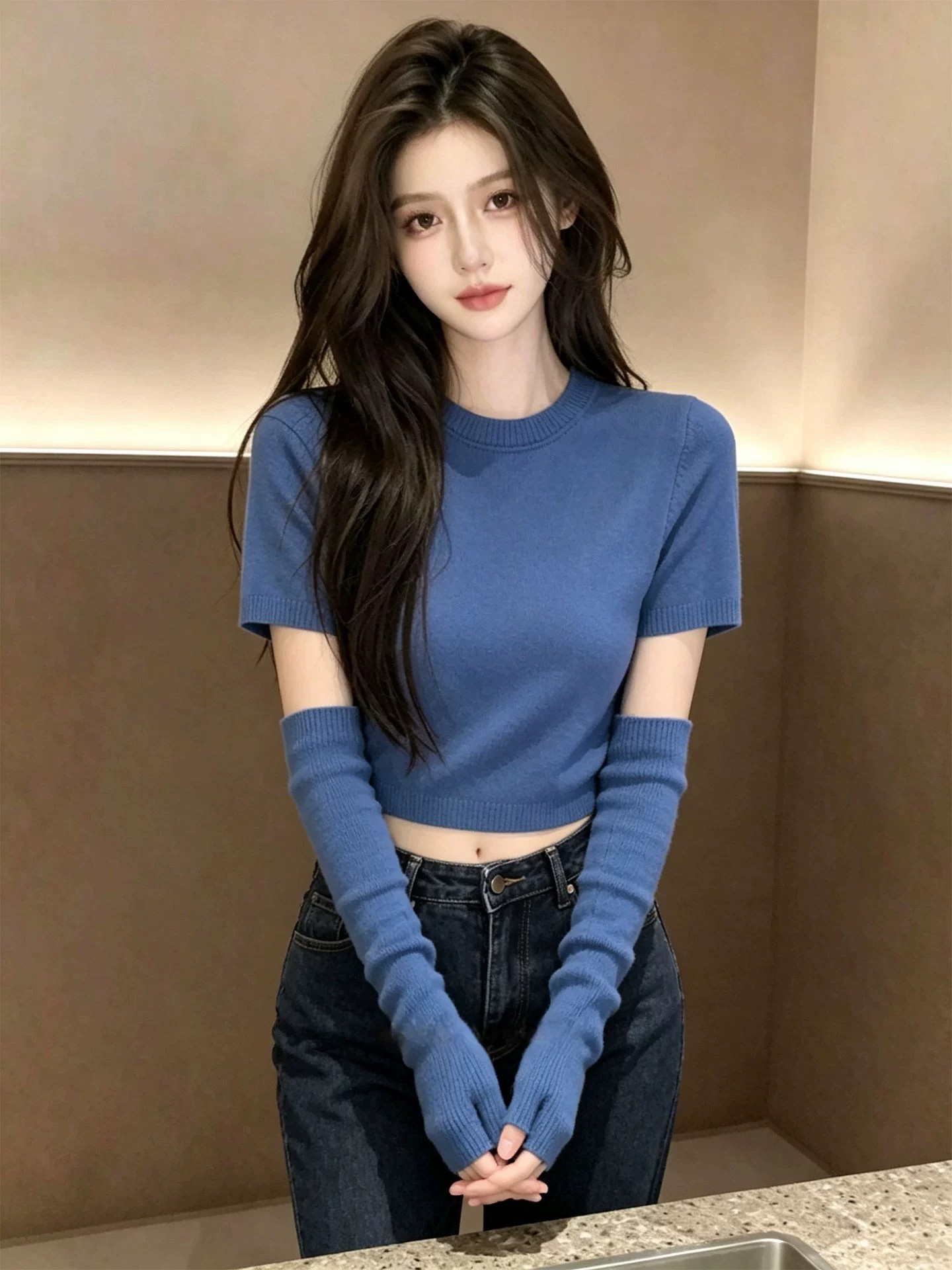 Korean Style Blue Sleeve Knit Top for Women Fall 2026 Unique Inner Layer - Image 4