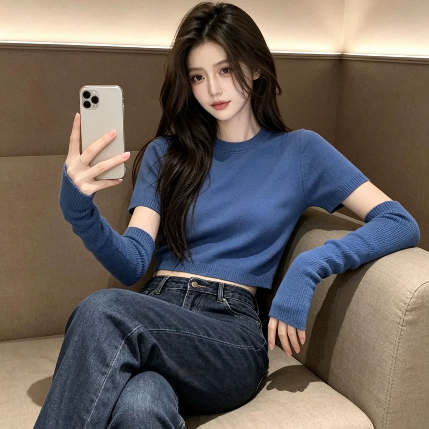 Korean Style Blue Sleeve Knit Top for Women Fall 2026 Unique Inner Layer - Image 5