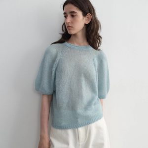 JANEONESS Women's Alpaca Blend Soft Crew Neck Rolled Bubble Sleeve Knit Semi Sheer Short Sleeve Sweater for Fall