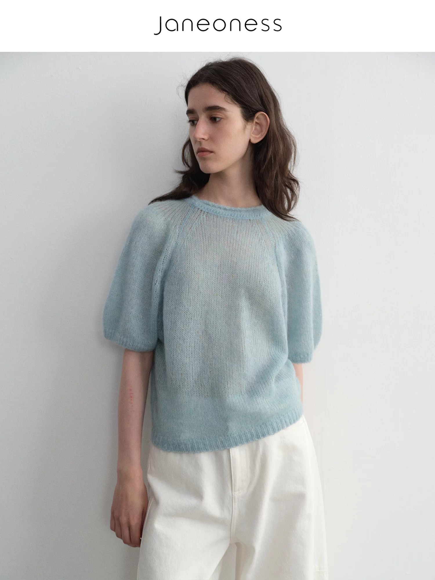 JANEONESS Women's Alpaca Blend Soft Crew Neck Rolled Bubble Sleeve Knit Semi Sheer Short Sleeve Sweater for Fall