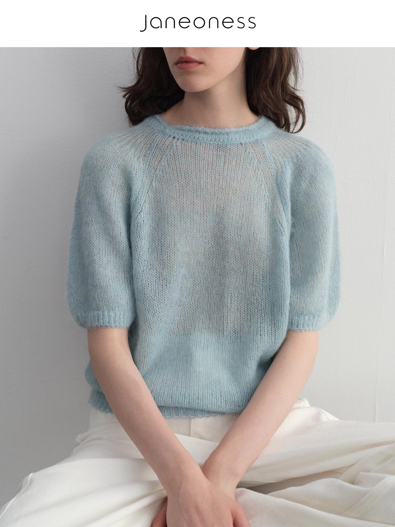 JANEONESS Women's Alpaca Blend Soft Crew Neck Rolled Bubble Sleeve Knit Semi Sheer Short Sleeve Sweater for Fall - Image 3