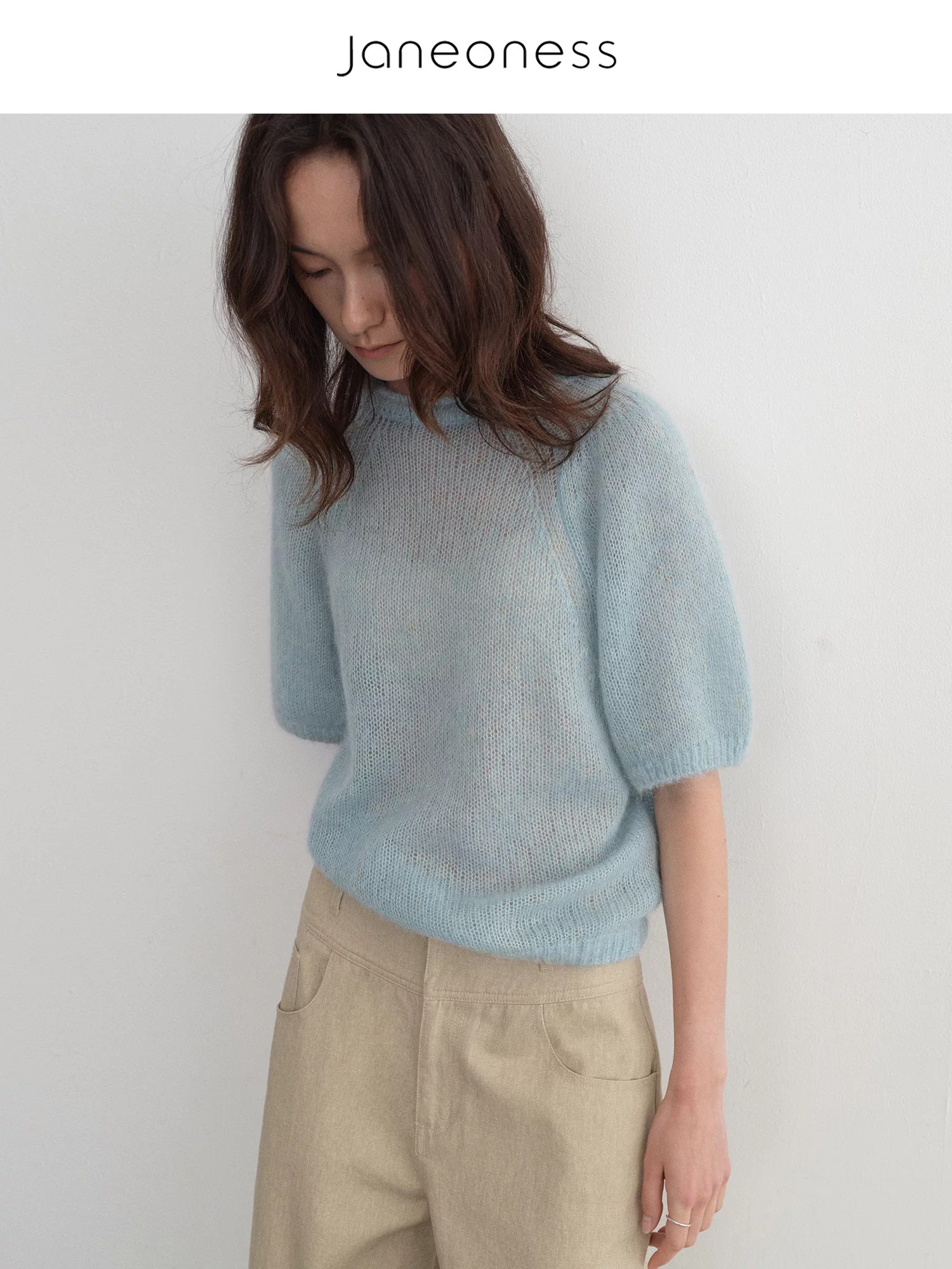 JANEONESS Women's Alpaca Blend Soft Crew Neck Rolled Bubble Sleeve Knit Semi Sheer Short Sleeve Sweater for Fall - Image 2