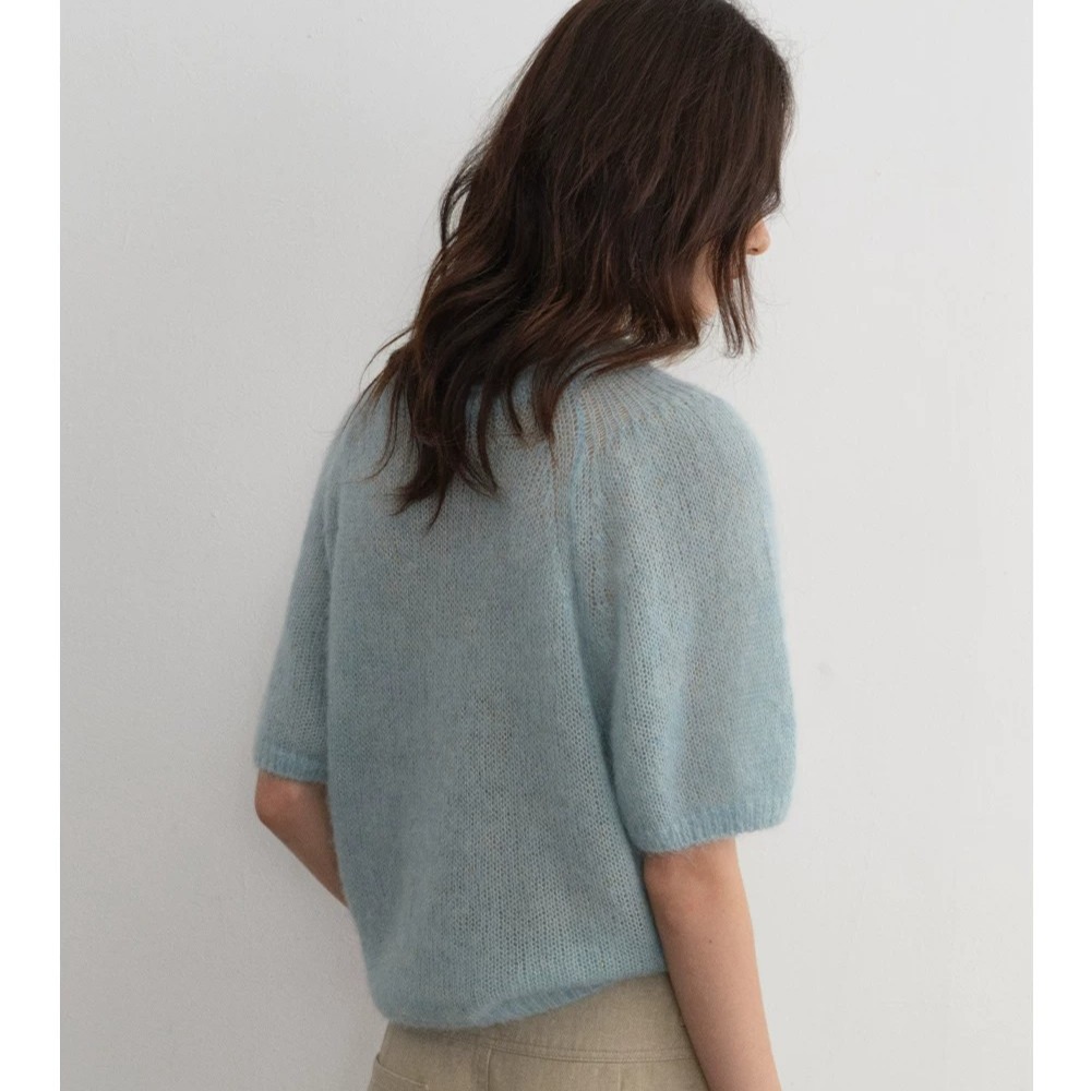 JANEONESS Women's Alpaca Blend Soft Crew Neck Rolled Bubble Sleeve Knit Semi Sheer Short Sleeve Sweater for Fall - Image 5