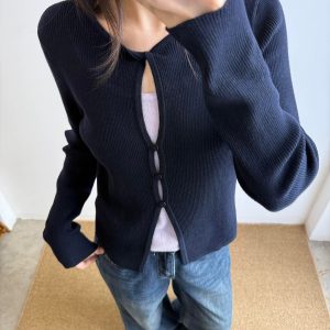 Korean Chic Color Block Faux Two Piece Knit Sweater Women Early Autumn Short Top
