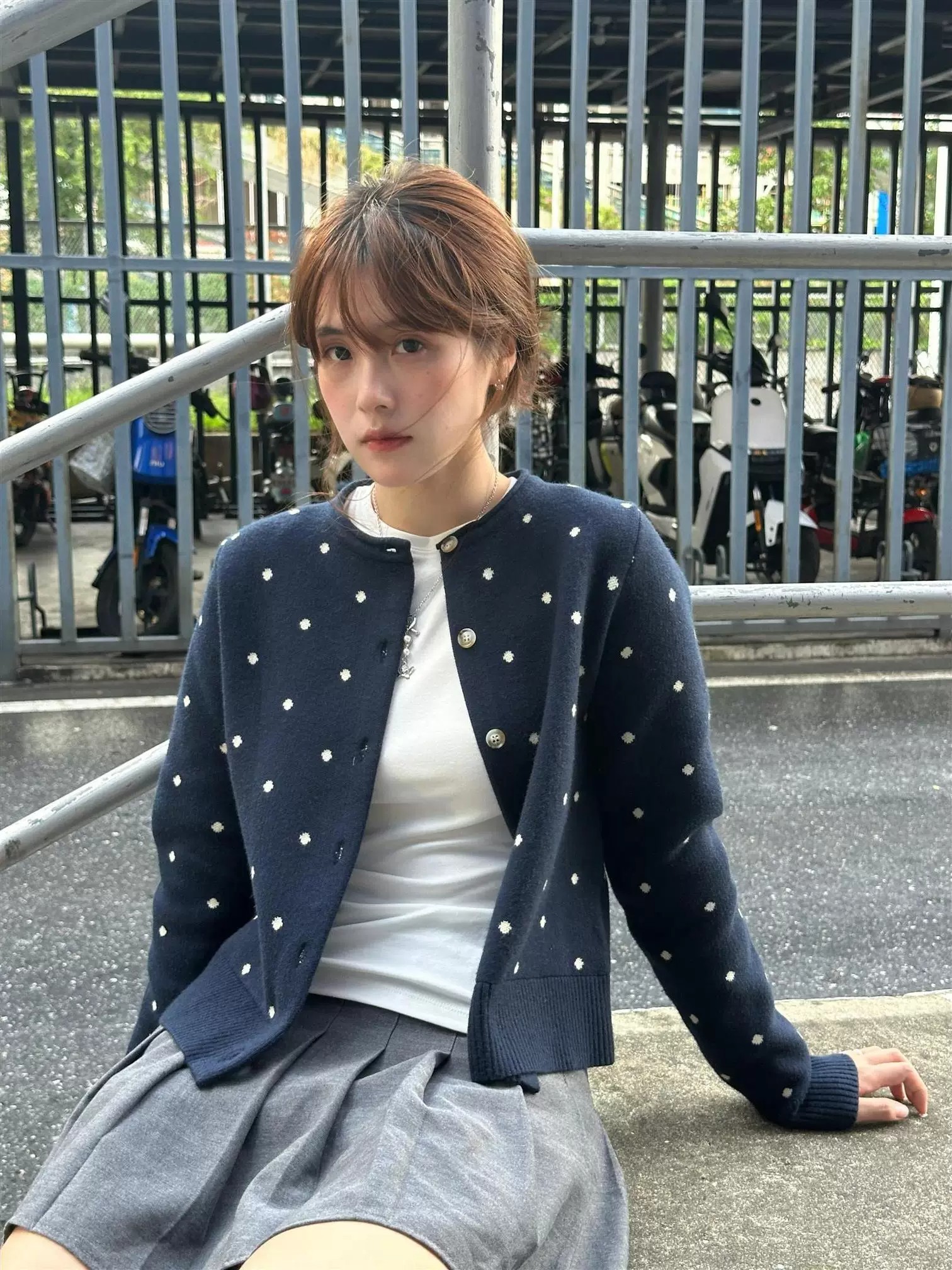 Navy Vintage Polka Dot Print Knit Cardigan for Women
