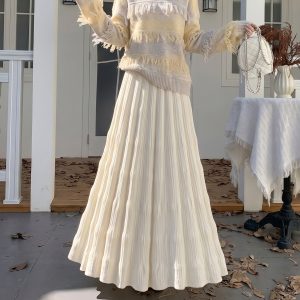 High-End Knit Pleated Skirt for Women Autumn Winter 2026 Petite High Waist Slimming A-Line Flared Umbrella Long Skirt