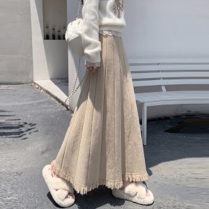 Women's Knit Pleated High Waist A-Line Maxi Skirt with Tassel Detail