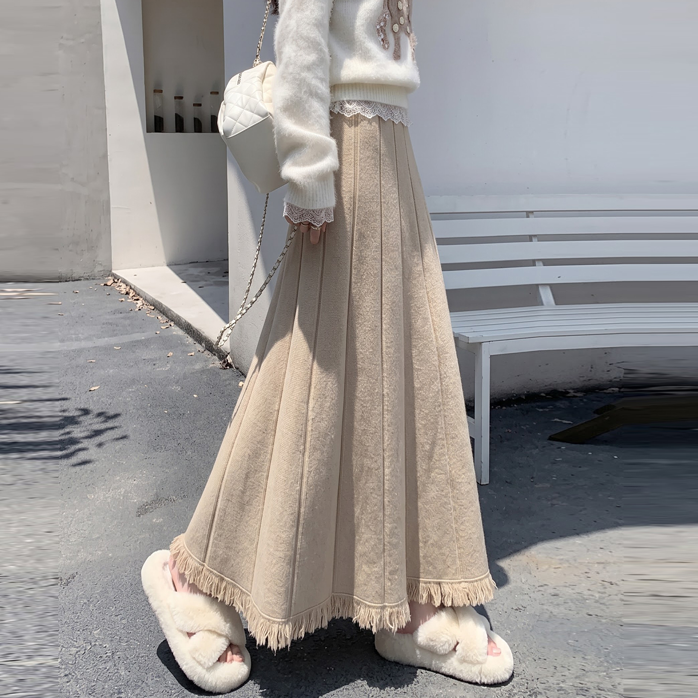 Women's Knit Pleated High Waist A-Line Maxi Skirt with Tassel Detail