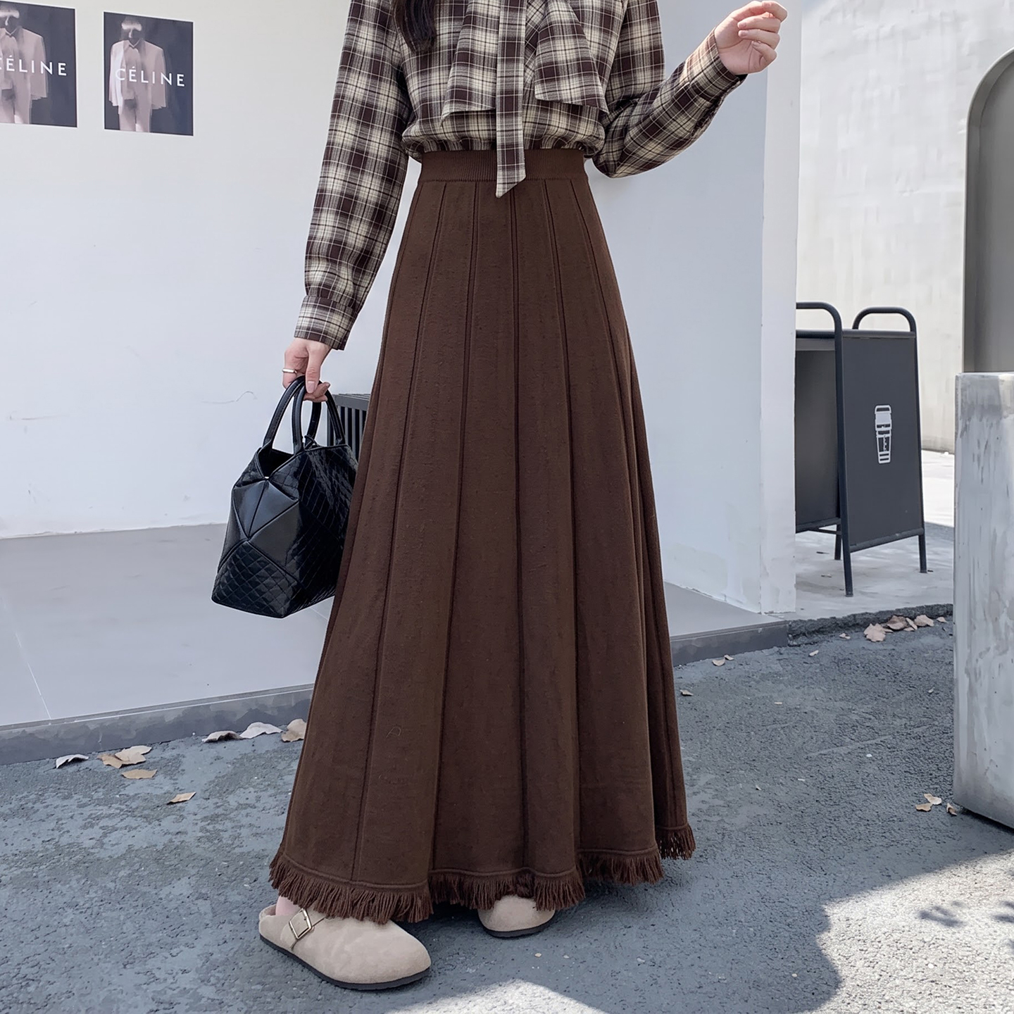 Women's Knit Pleated High Waist A-Line Maxi Skirt with Tassel Detail - Image 2