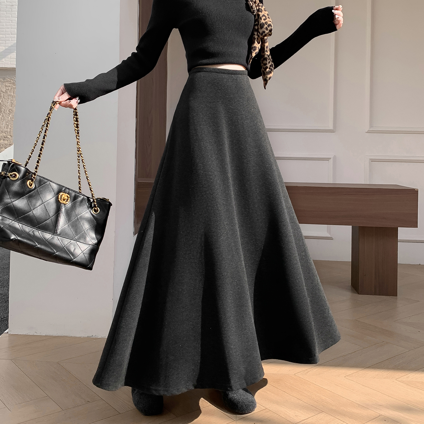 Women's Wool-Blend A-Line Long Skirt High Waist Fleece-Lined Winter 2026