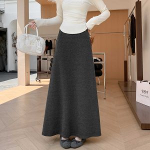 Women's Wool Blend High Waist A-Line Mermaid Midi Skirt Korean Commuter Style
