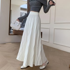 Women's Autumn Winter Knit A-Line Midi Skirt High Waist Elastic Jacquard Solid