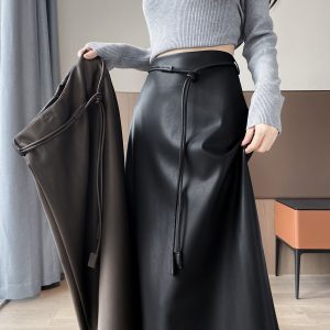 Women's Retro High-Waist PU Leather A-Line Midi Skirt with Belt