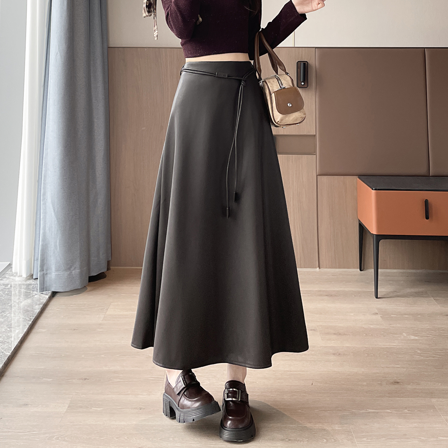 Women's Retro High-Waist PU Leather A-Line Midi Skirt with Belt - Image 2