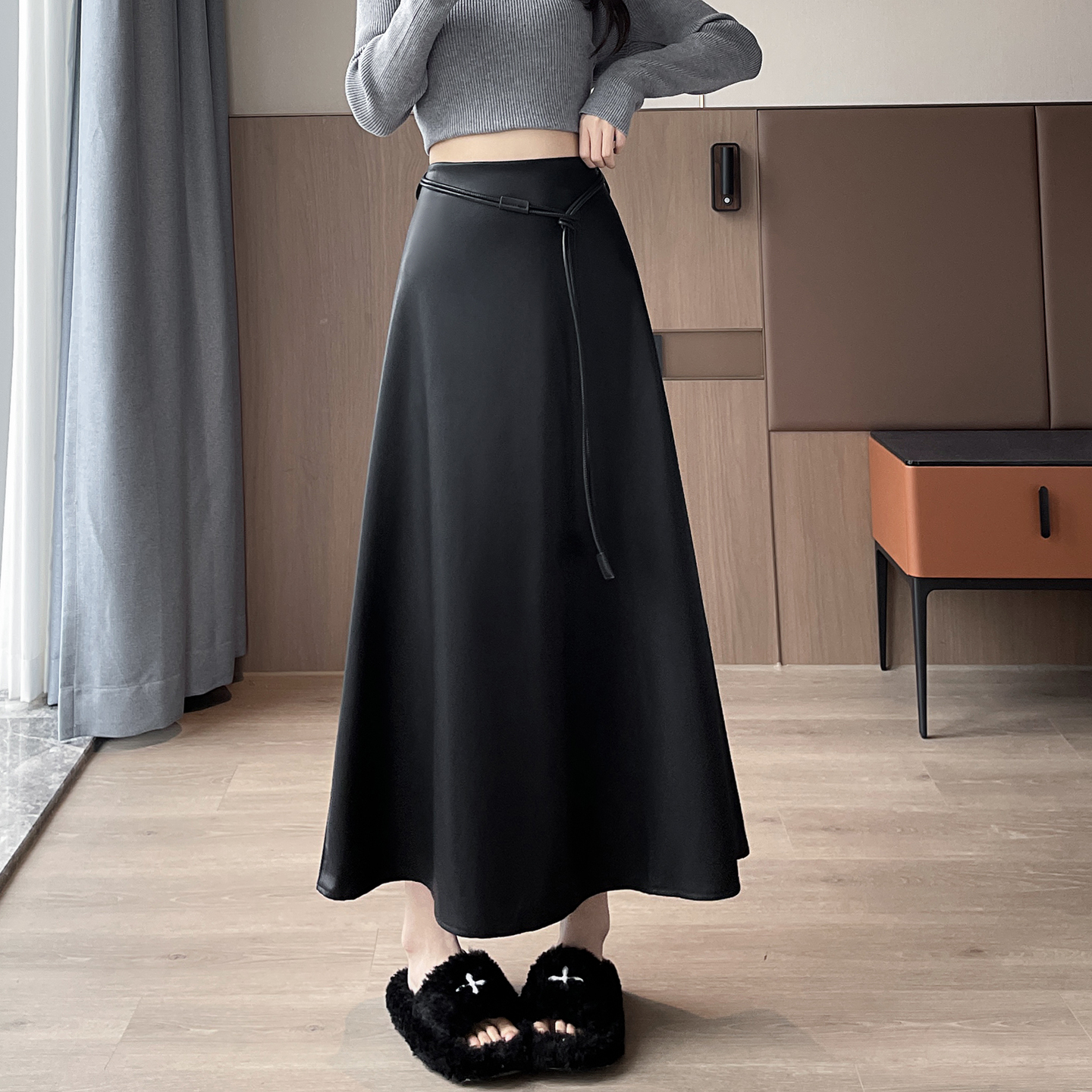 Women's Retro High-Waist PU Leather A-Line Midi Skirt with Belt - Image 3