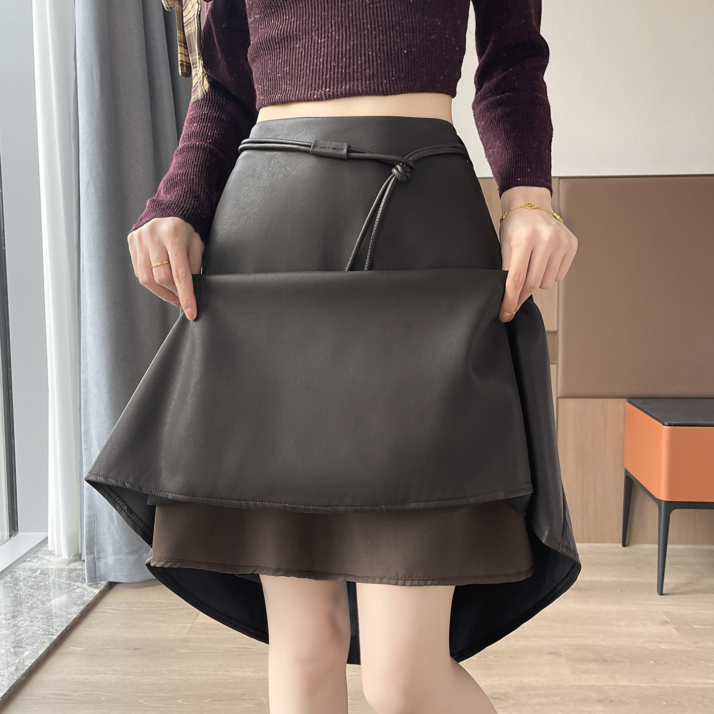 Women's Retro High-Waist PU Leather A-Line Midi Skirt with Belt - Image 4