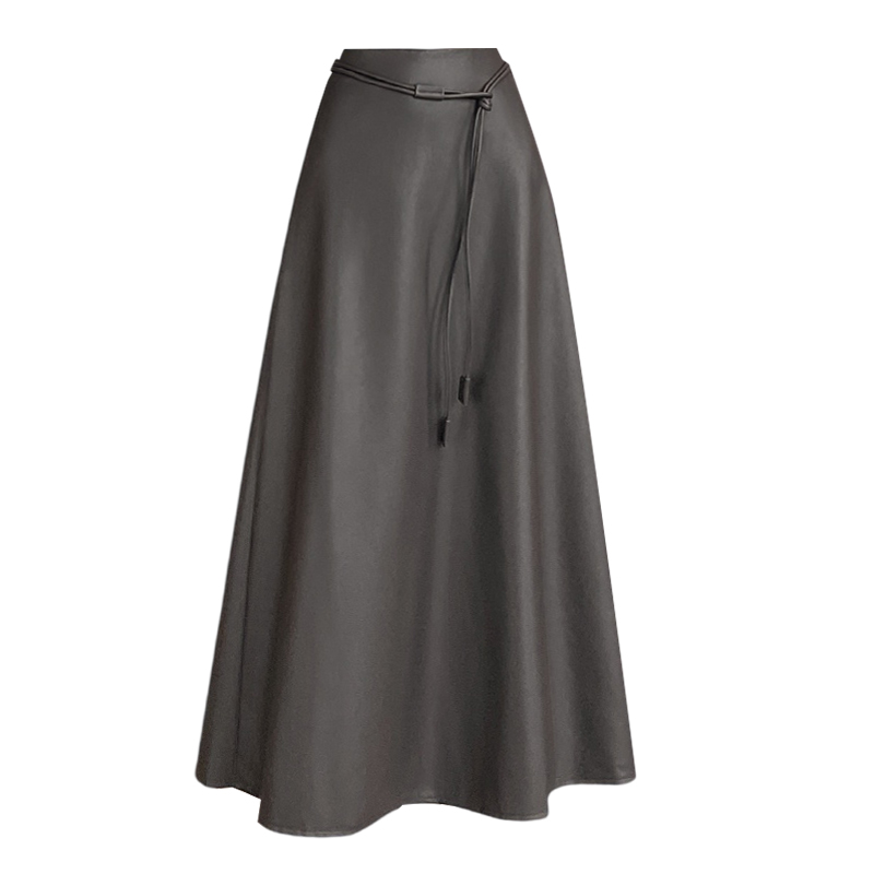 Women's Retro High-Waist PU Leather A-Line Midi Skirt with Belt - Image 5